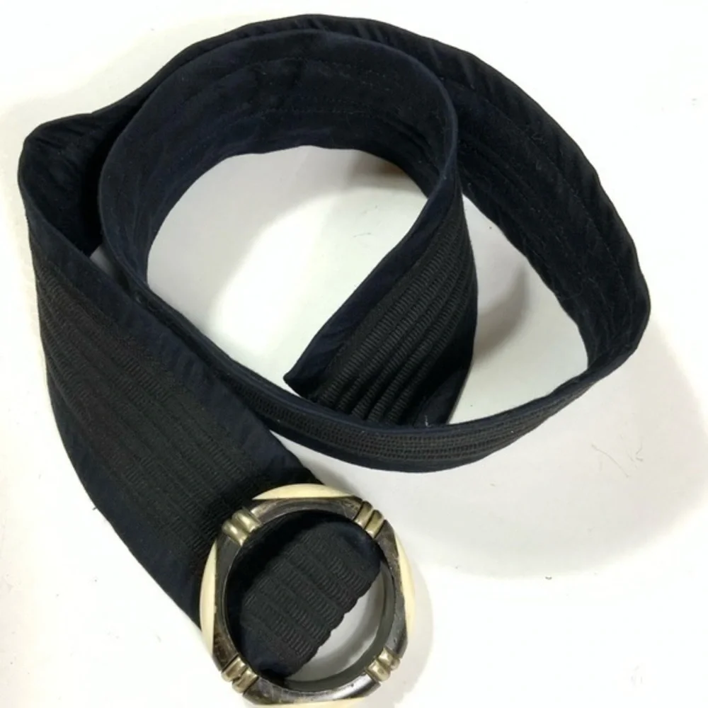 Black Fabric Belt with Decorative Gold Ring Buckle - Women's Accessory